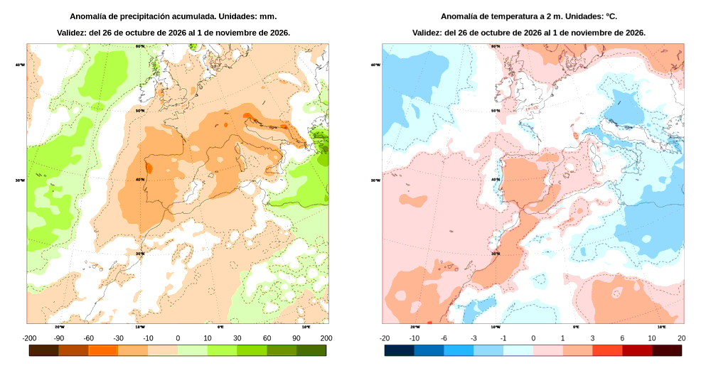 Mapas semanales de anomalías de precipitación y temperatura de AEMET
